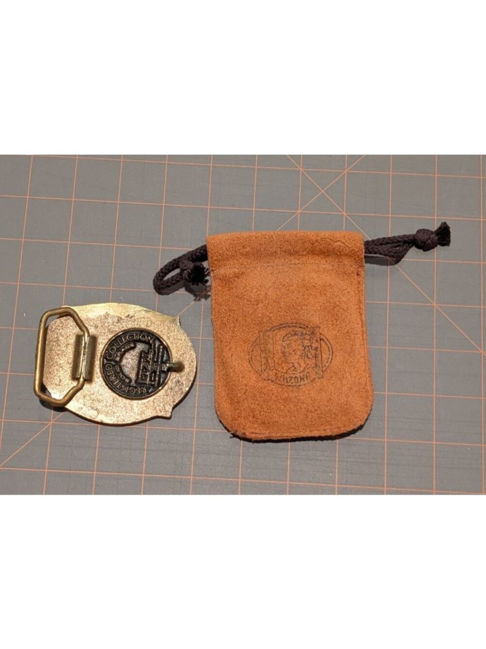Vintage Arizona Solid Brass Belt Buckle Native American Design Suede Pouch - Picture 2 of 13
